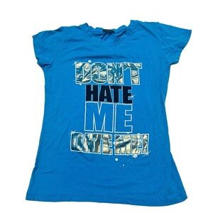 Y2K Slogan Don’t Hate Me Date Me Blue Baby Tee Shirt Size M L